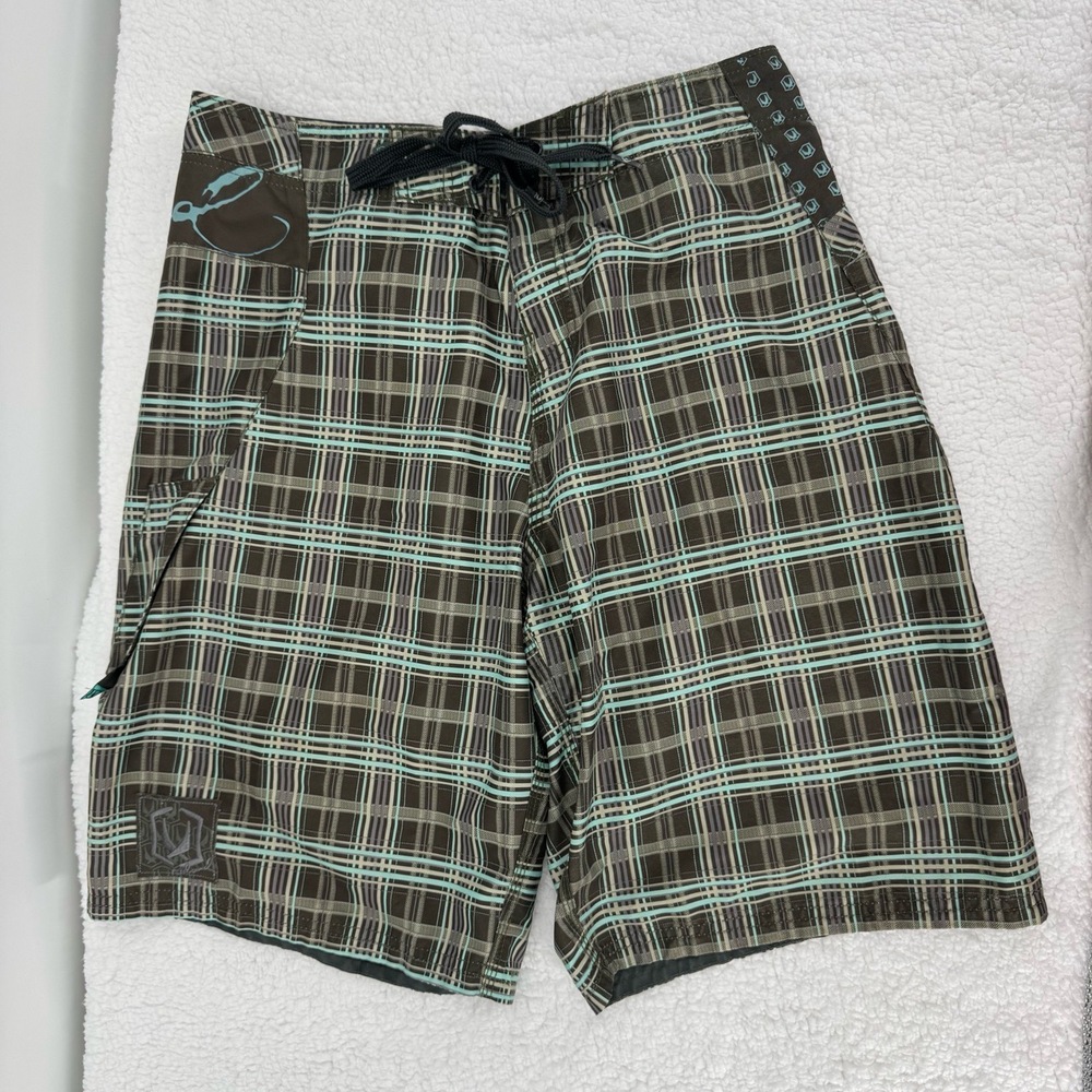 Red Sand Green Brown Drawstring Side Pocket Plaid Board Shorts Mens Size‎ 32